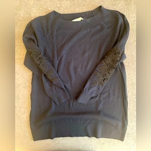 Navy LOFT plus sweater with black elbow flower appliqués